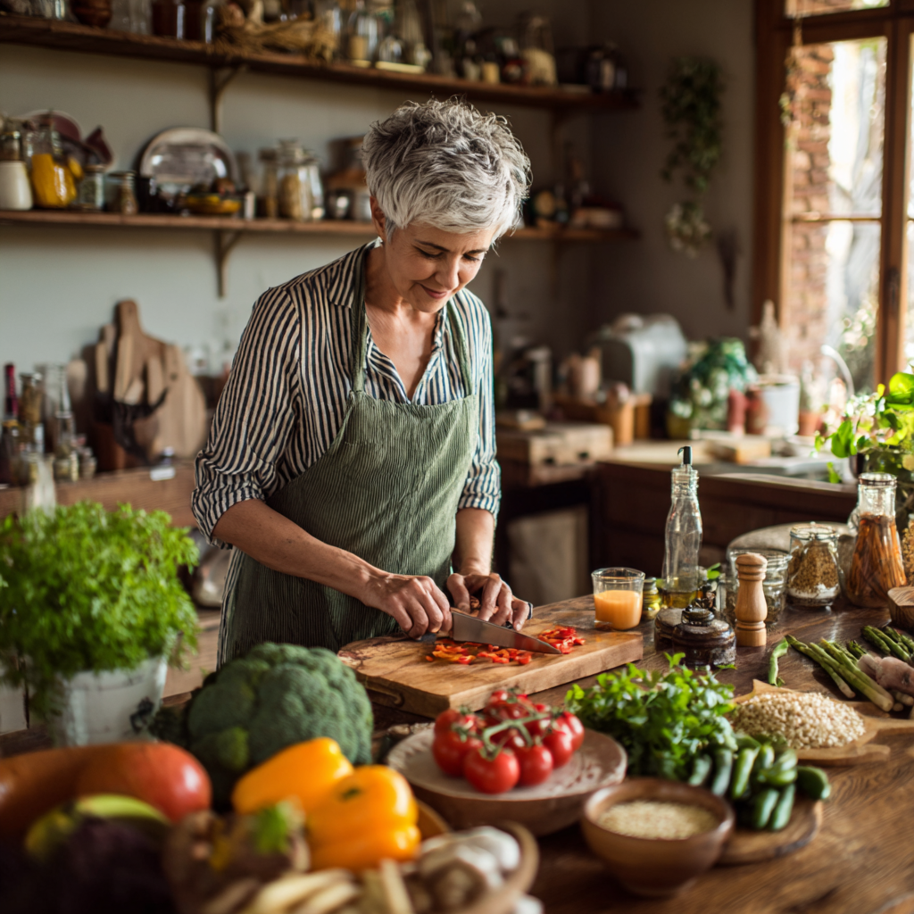 50 years old woman preparing healthy balanced meals with fresh vegetables and grains