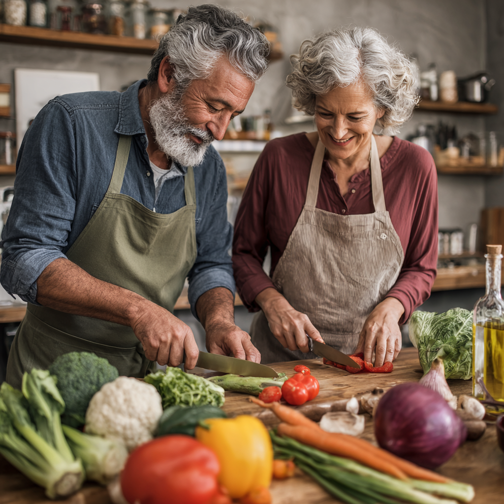 51 years old adults cooking together using fresh ingredients and following a nutritious meal plan