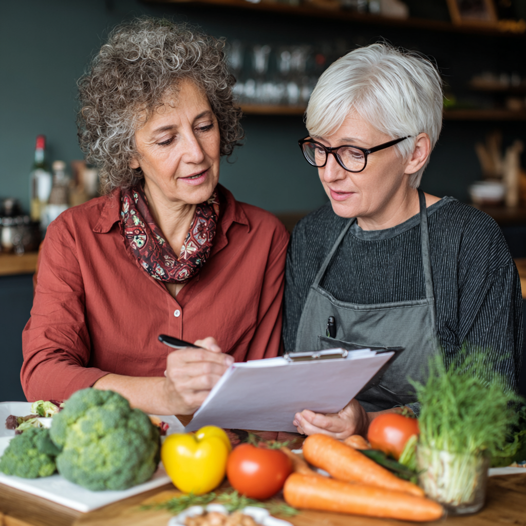 52 years old Nutritionist consulting with a 50 years old client about healthy meal planning and dietary goals